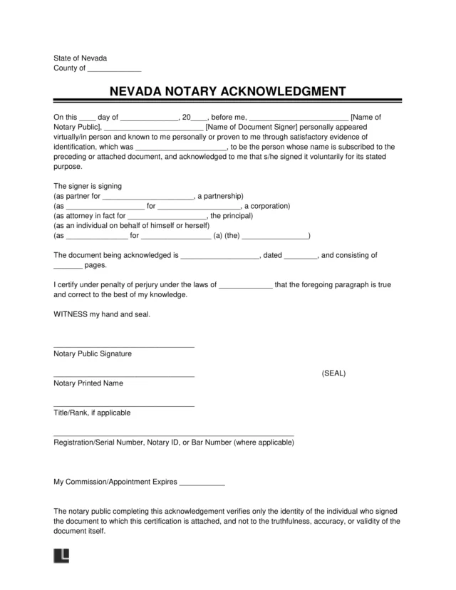 Nevada Notary Acknowledgment Form