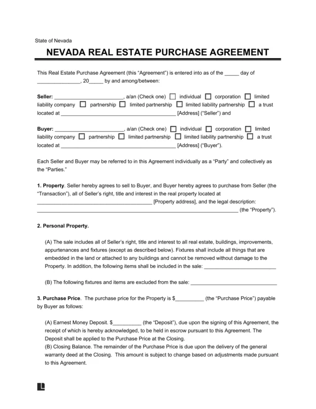Nevada Residential Purchase Agreement Template