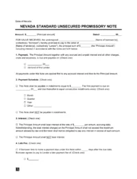 Nevada Standard Unsecured Promissory Note Template