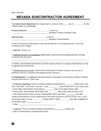 Nevada Subcontractor Agreement Template