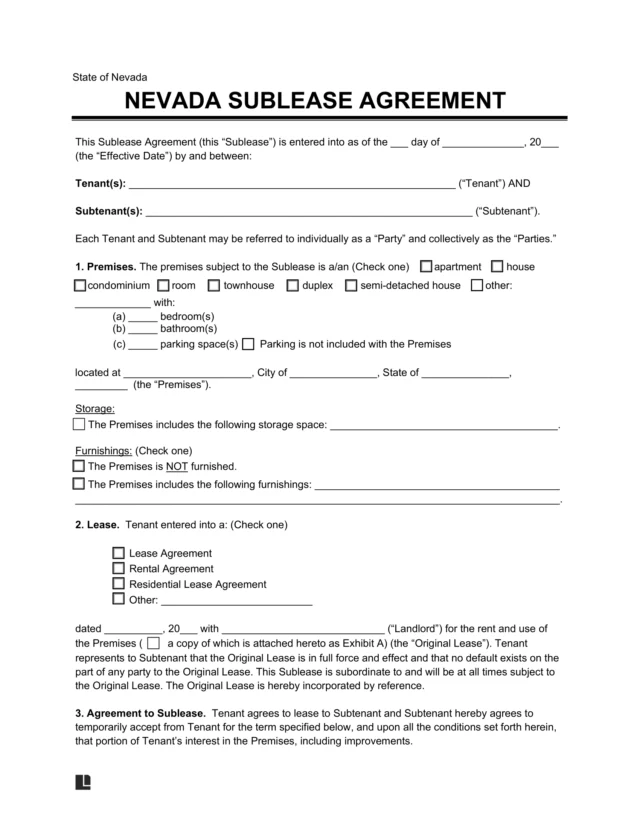 Nevada Sublease Agreement Template