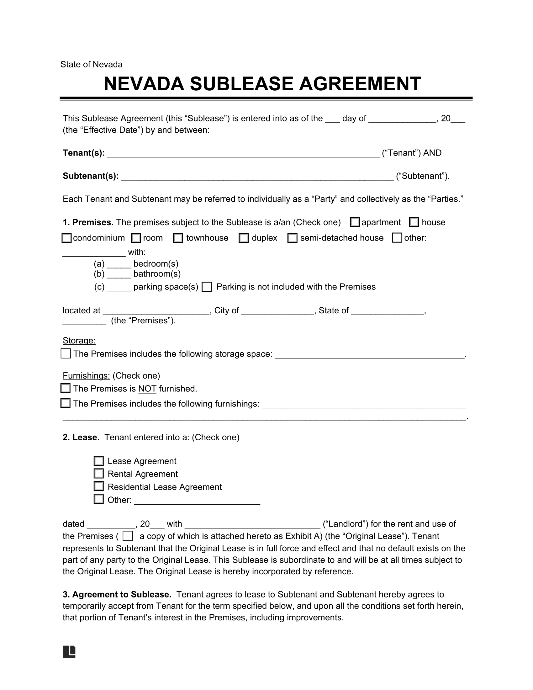 Nevada Sublease Agreement Template