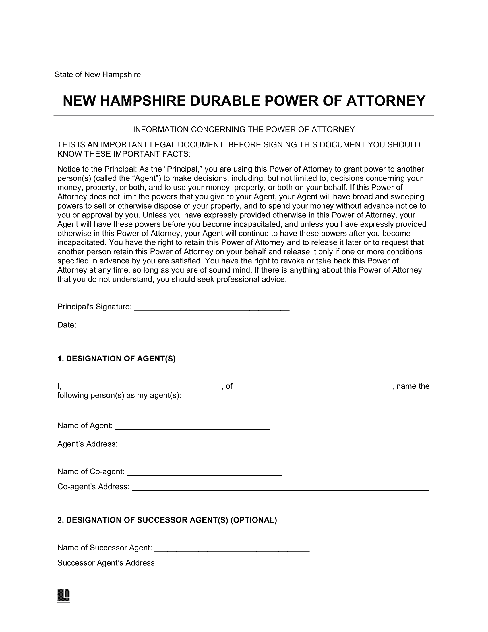 New Hampshire Durable Statutory Power of Attorney Form