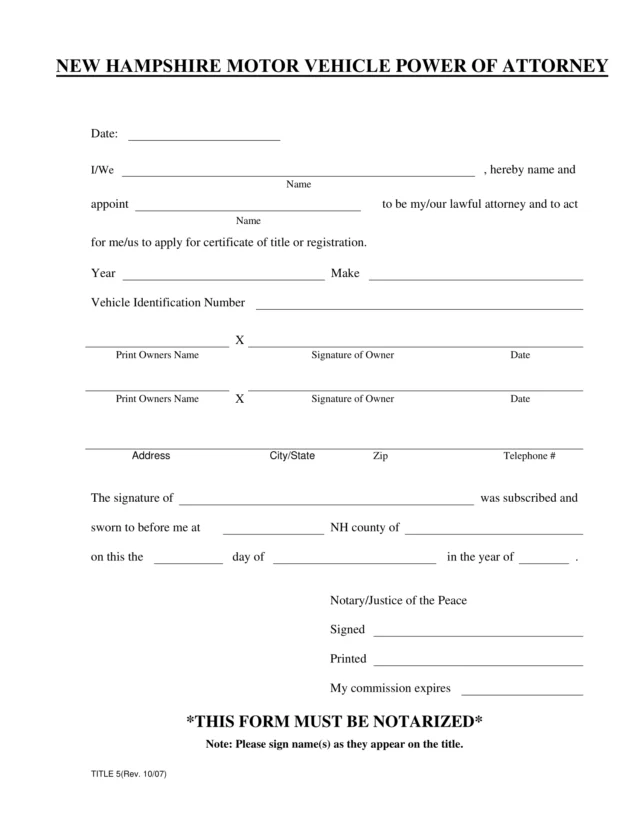 New Hampshire Motor Vehicle Power of Attorney Form