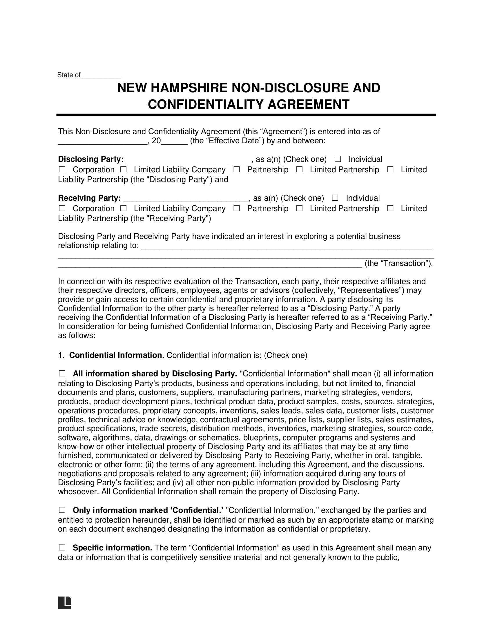 New Hampshire Non-Disclosure and Confidentiality Agreement Template