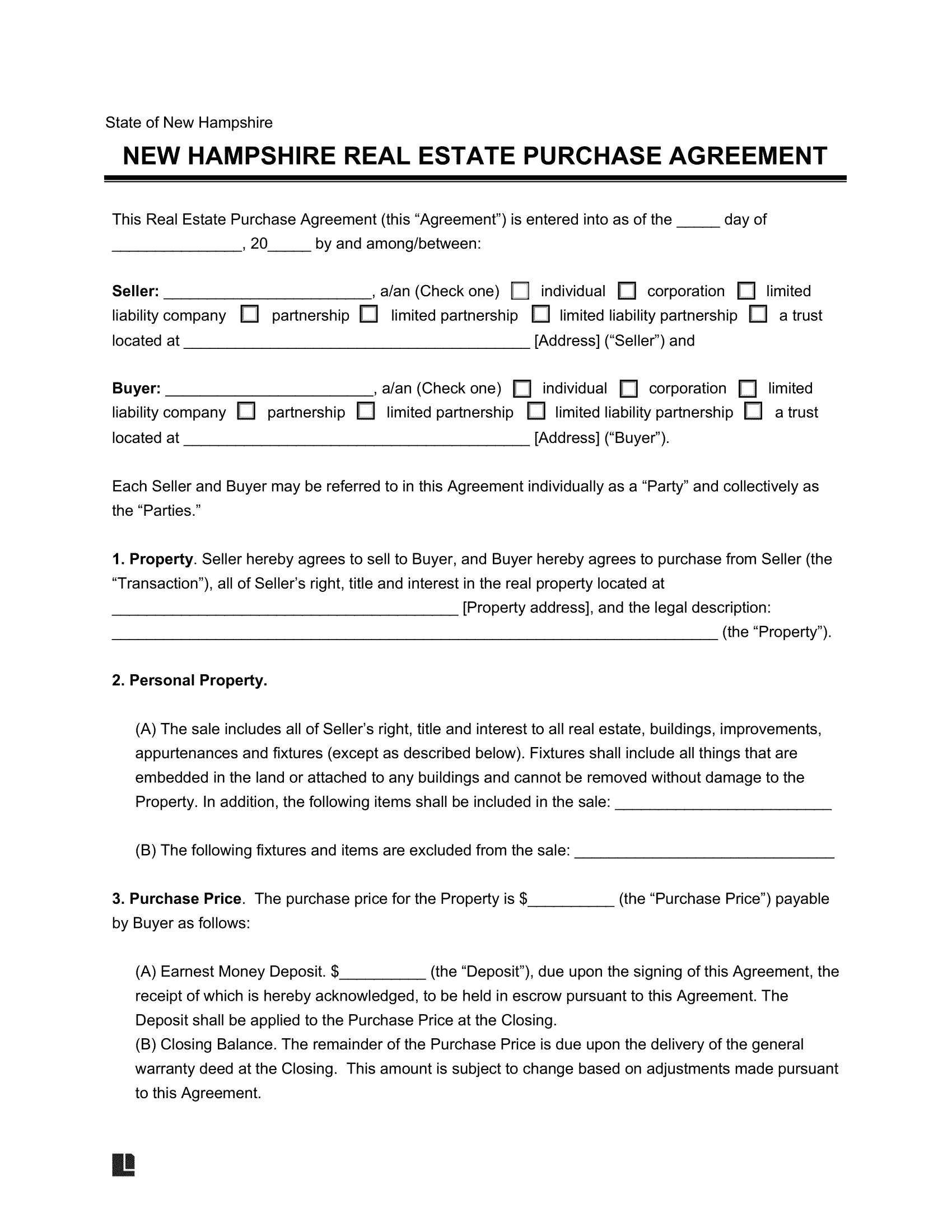 New Hampshire Residential Purchase Agreement Template