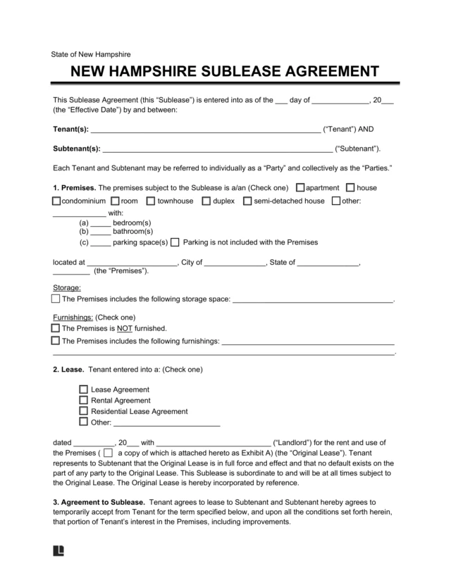 New Hampshire Sublease Agreement Template