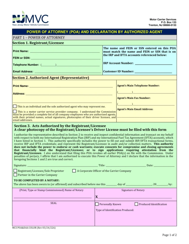 New Jersey Motor Vehicle Power of Attorney Form