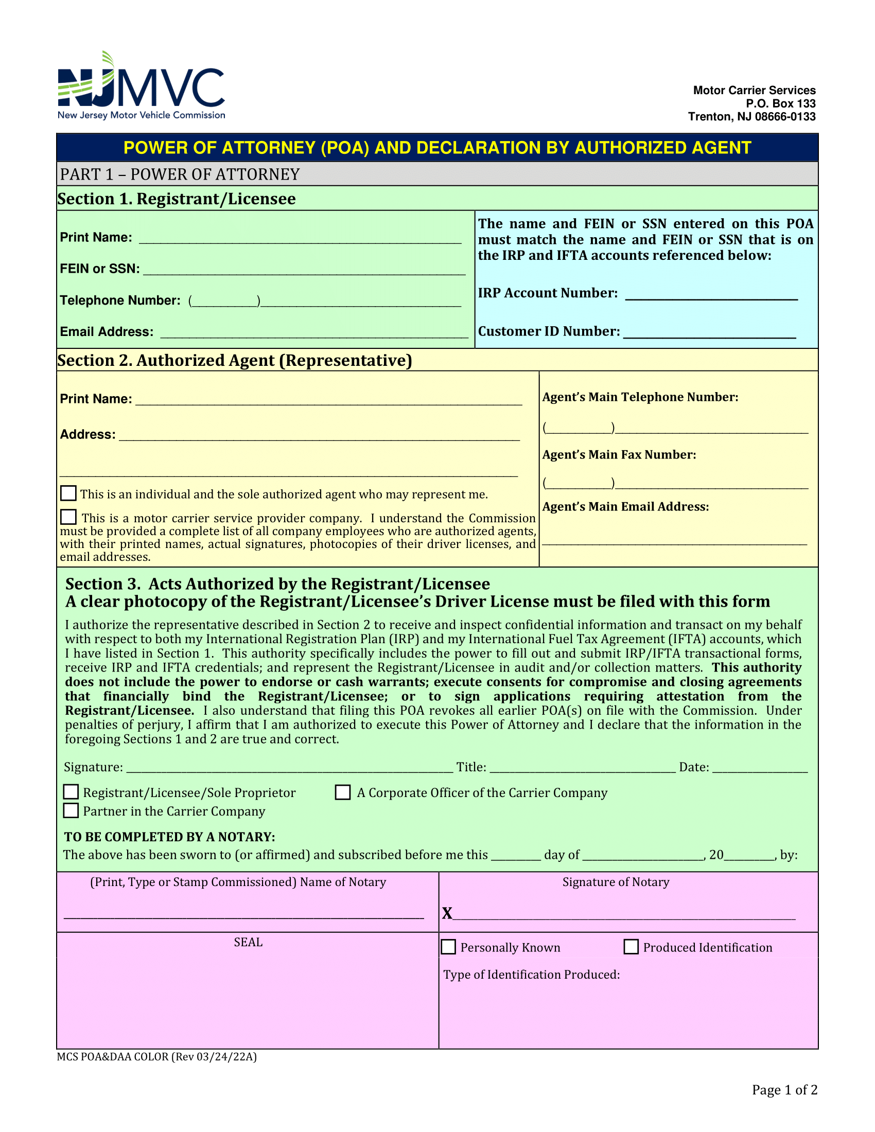 New Jersey Motor Vehicle Power of Attorney Form