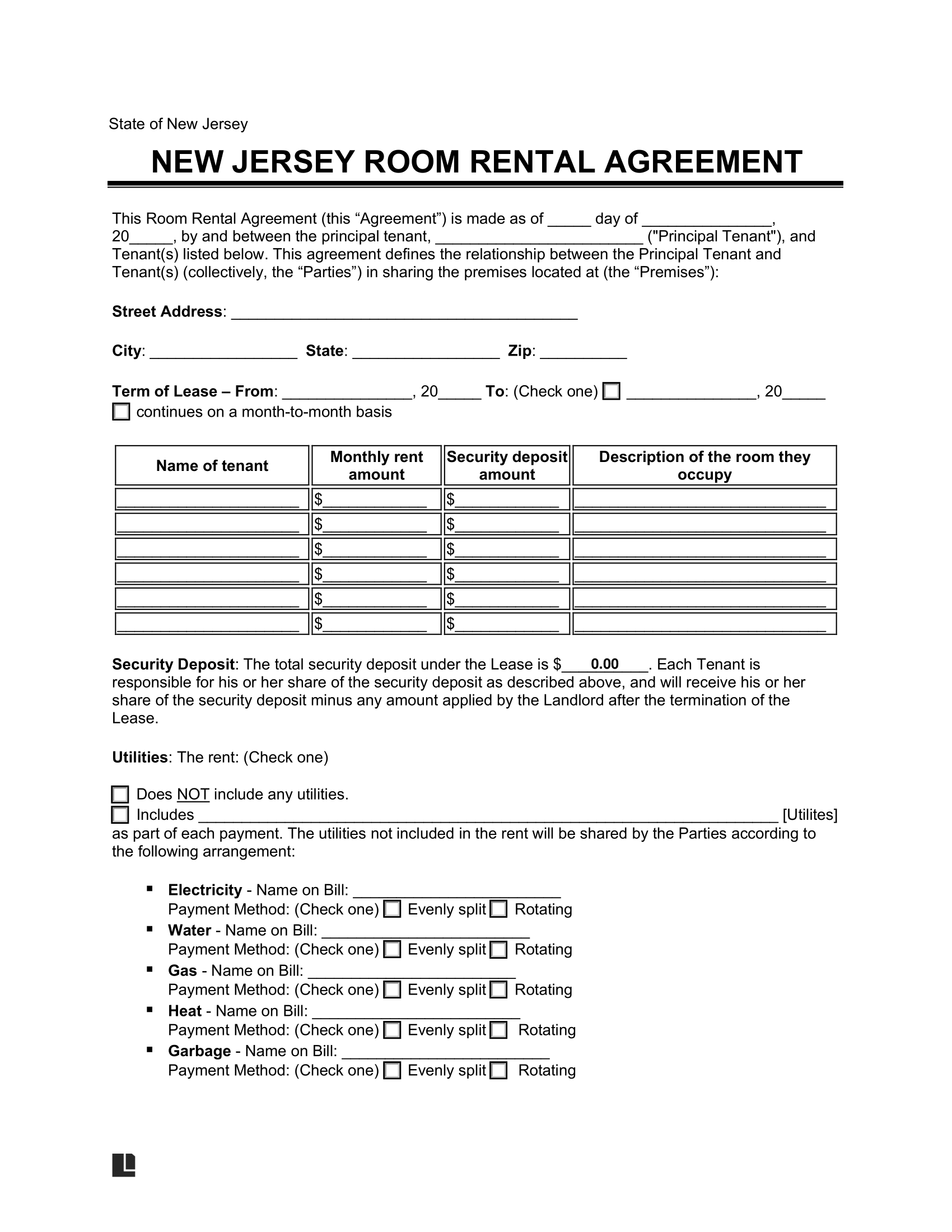 New Jersey Room Rental Agreement