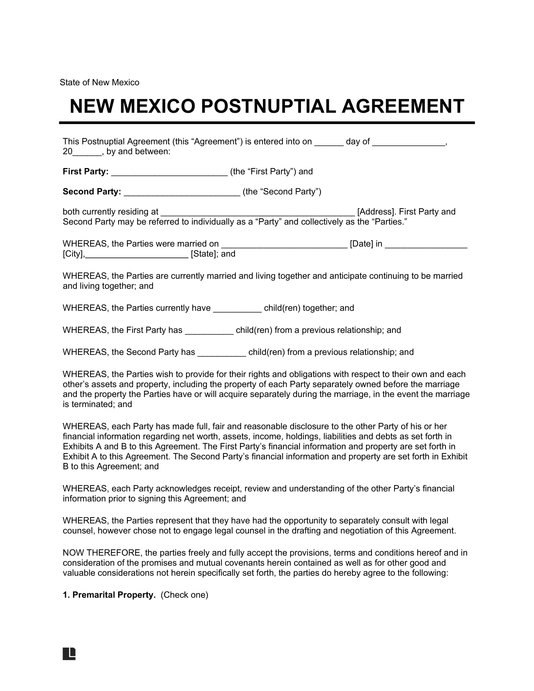 New Mexico Postnuptial Agreement Template