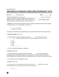 New Mexico Standard Unsecured Promissory Note Template