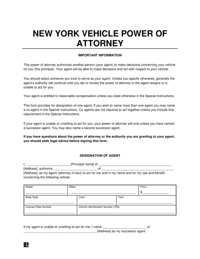 New York Motor Vehicle Power of Attorney Form