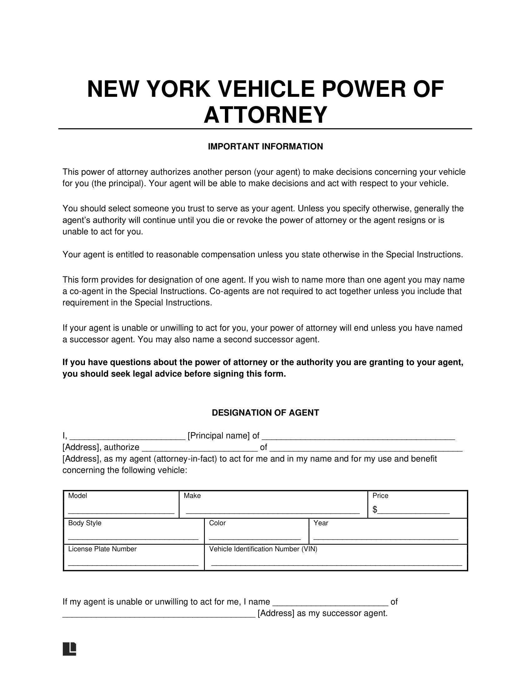 New York Motor Vehicle Power of Attorney Form