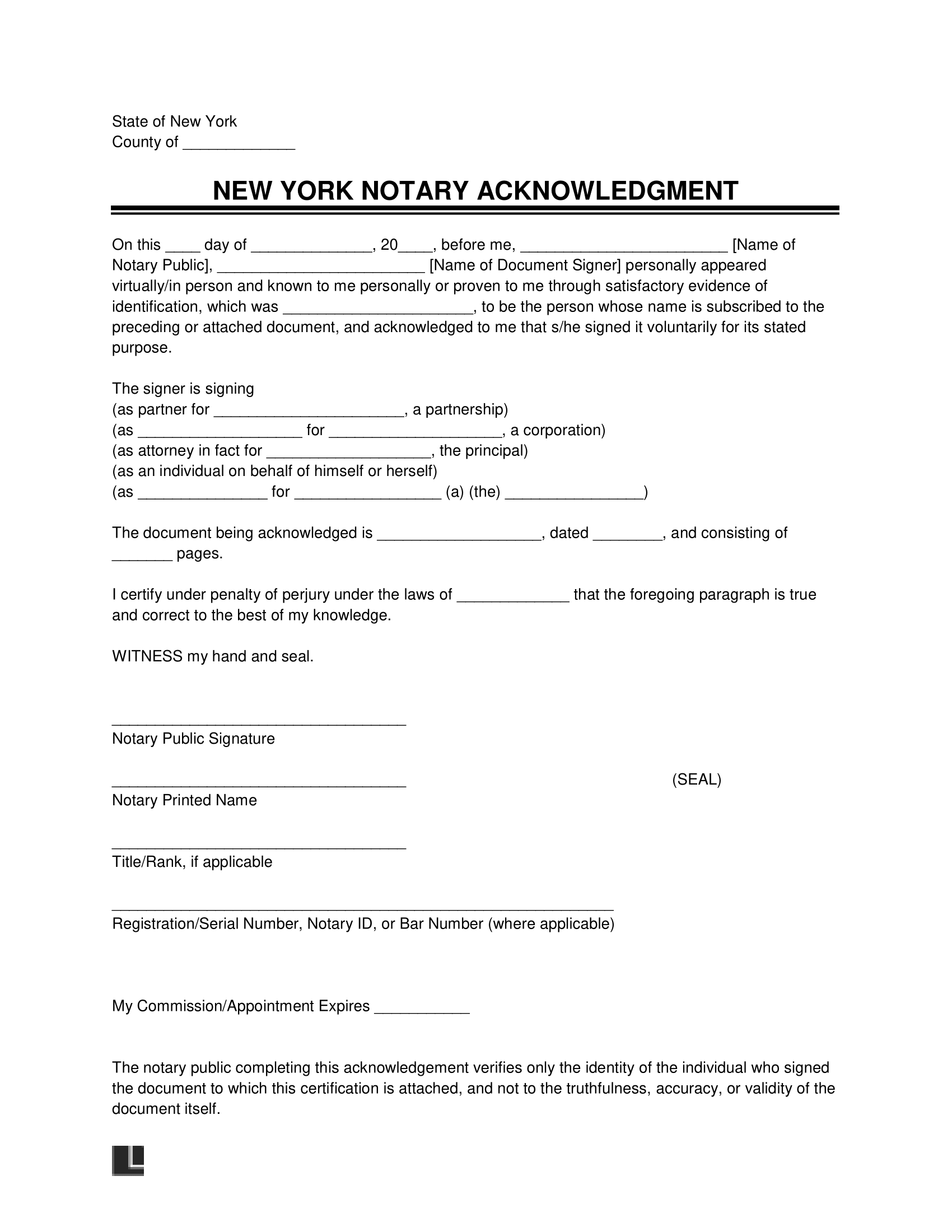 New York Notary Acknowledgment