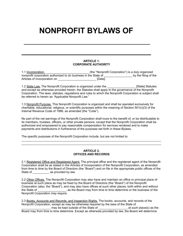 Nonprofit ByLaws Template