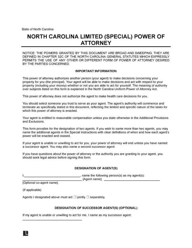 North Carolina Limited Power of Attorney Template