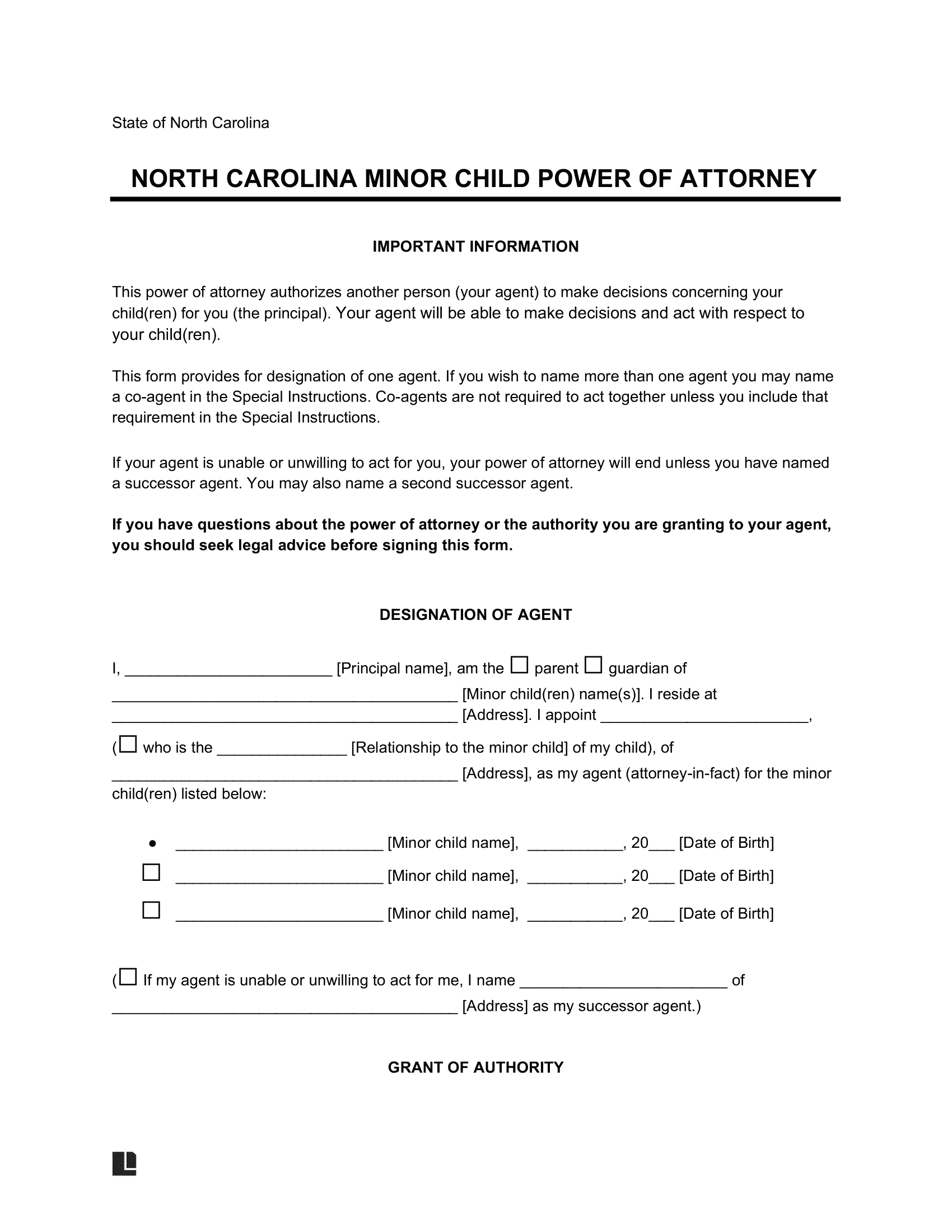 North Carolina Minor Child Power of Attorney Form