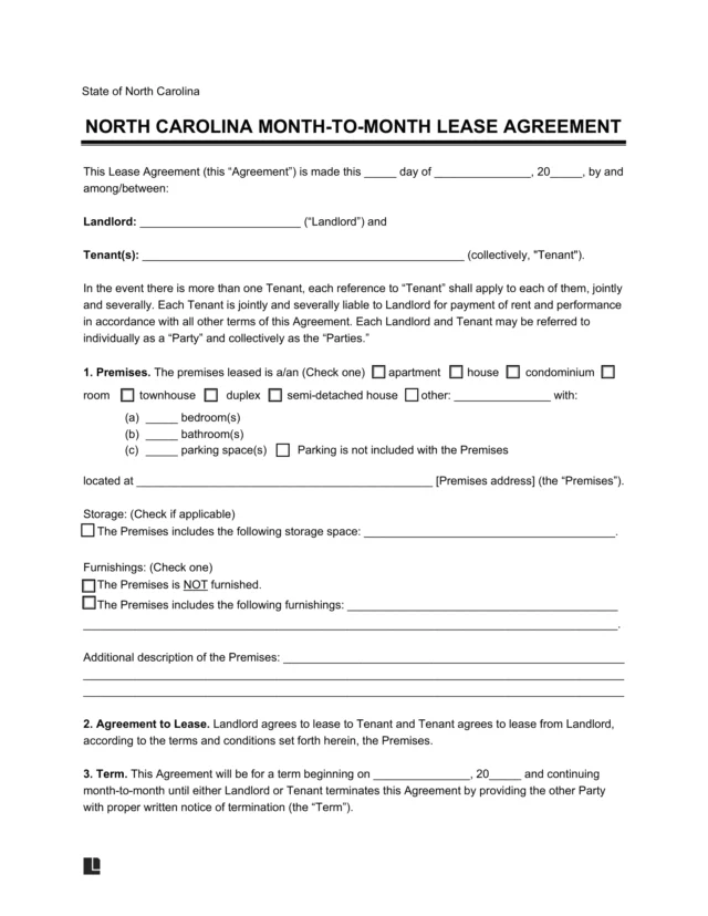 North Carolina Month-to-Month Rental Agreement