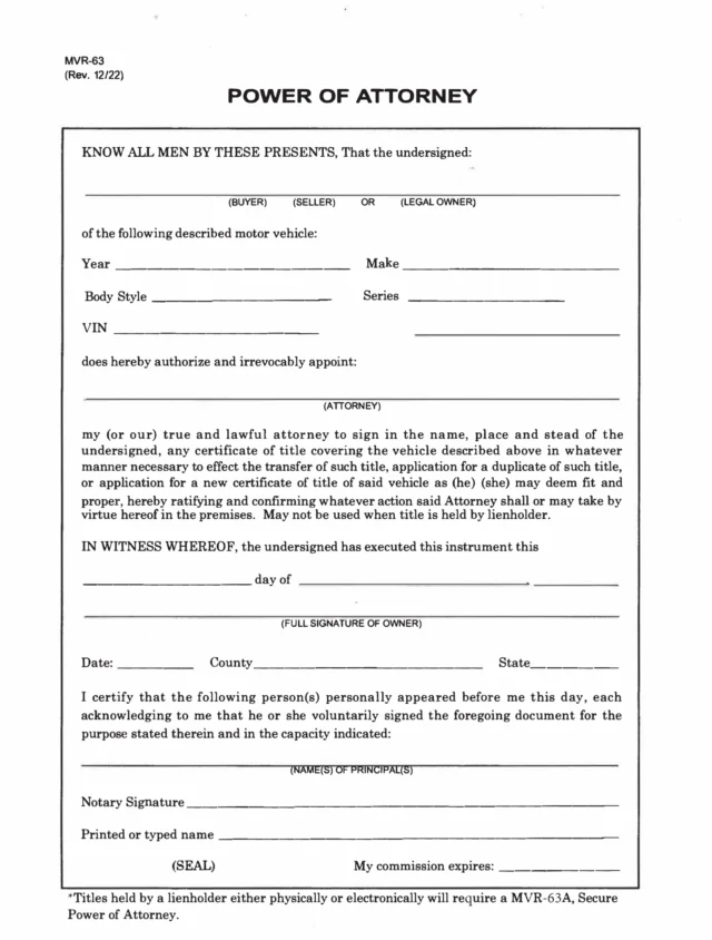 North Carolina Motor Vehicle Power of Attorney Form MVR-63
