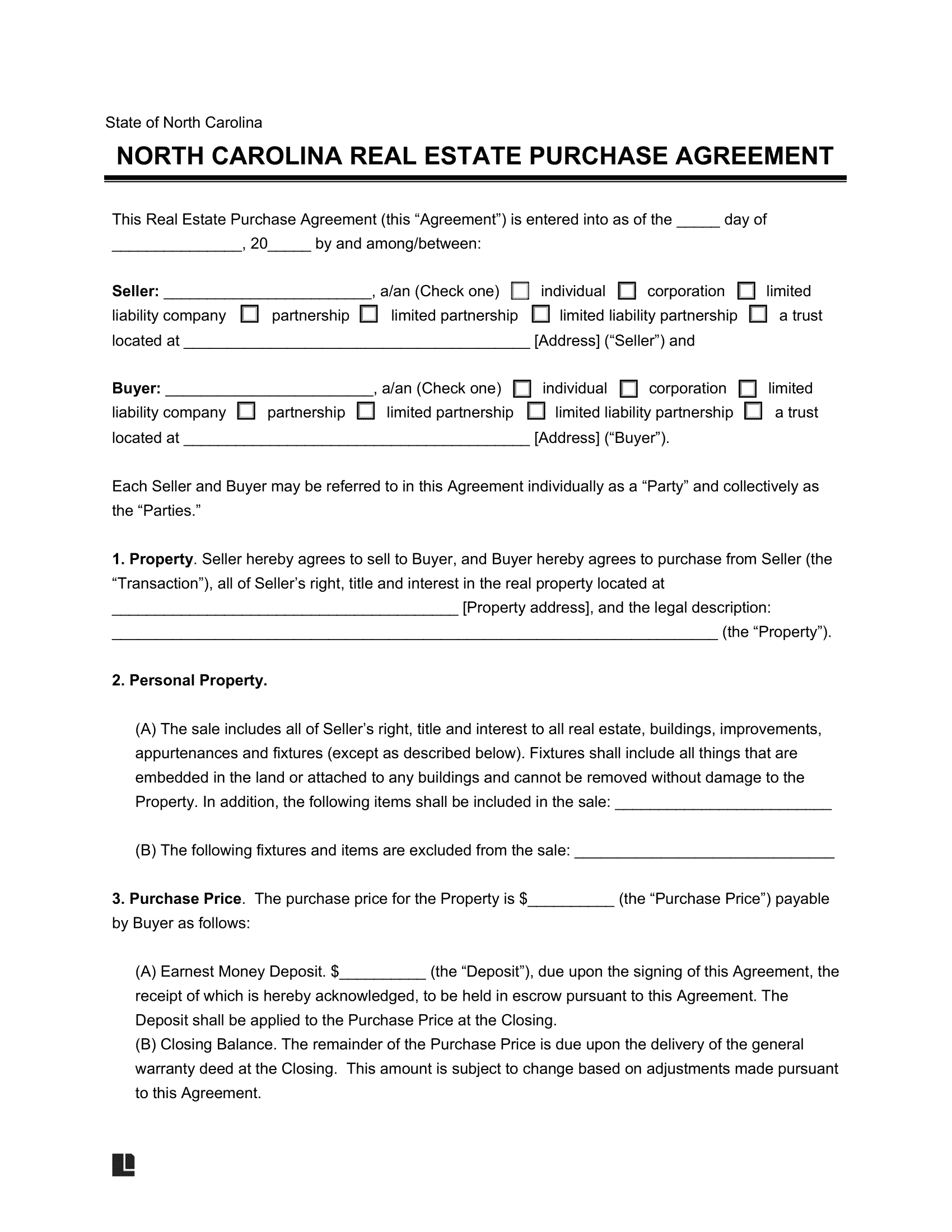 North Carolina Residential Purchase Agreement Template