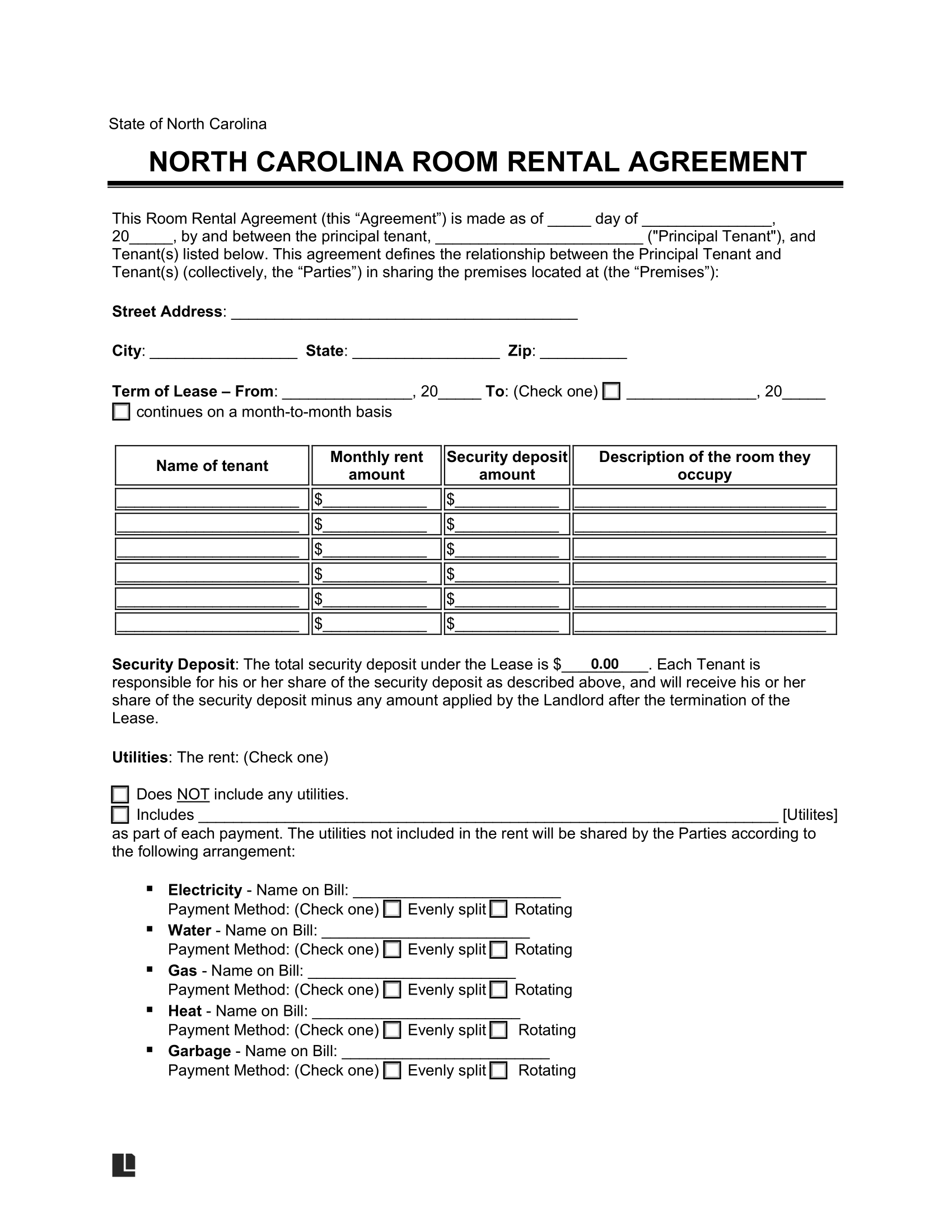 North Carolina Room Rental Agreement