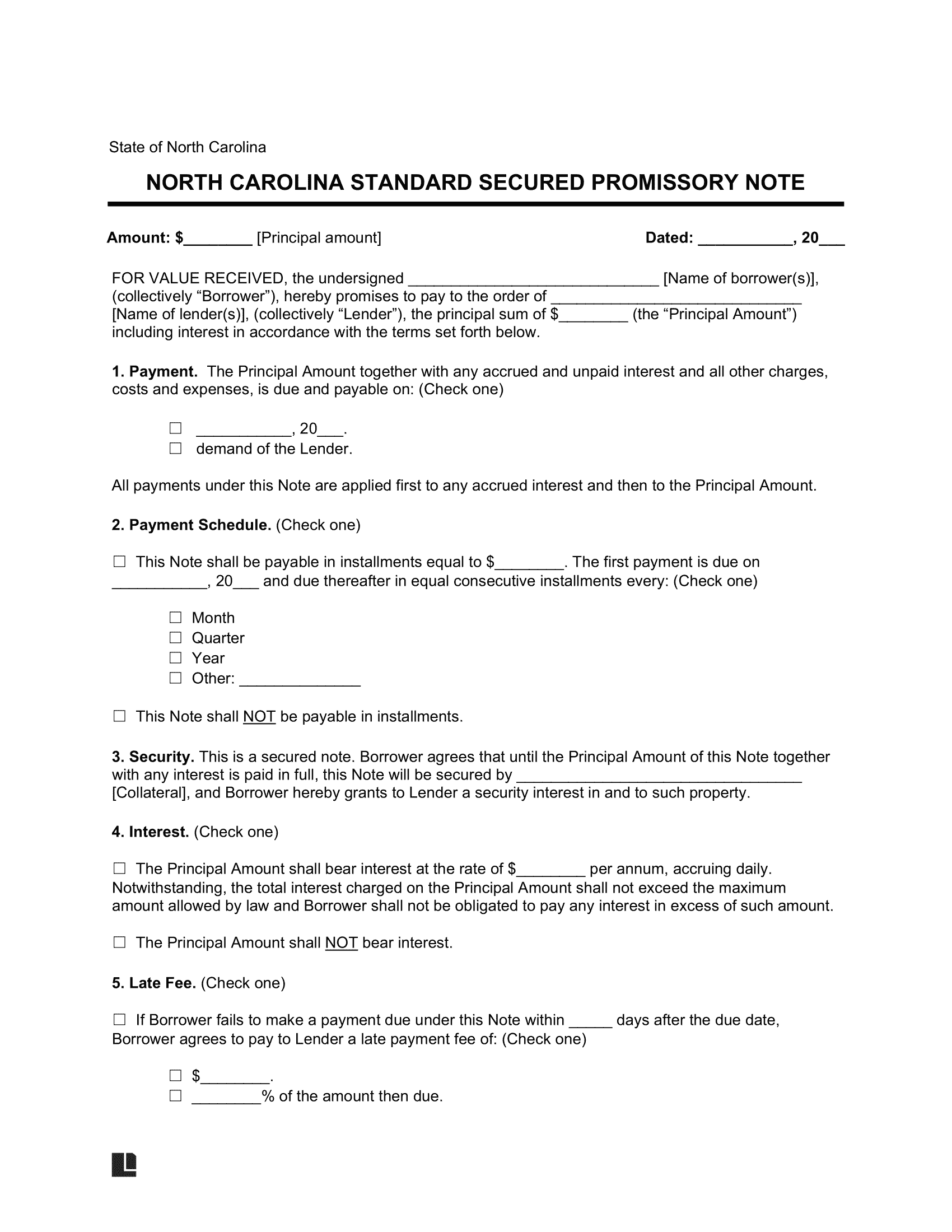 North Carolina Standard Secured Promissory Note Template