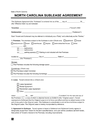 North Carolina Sublease Agreement Template