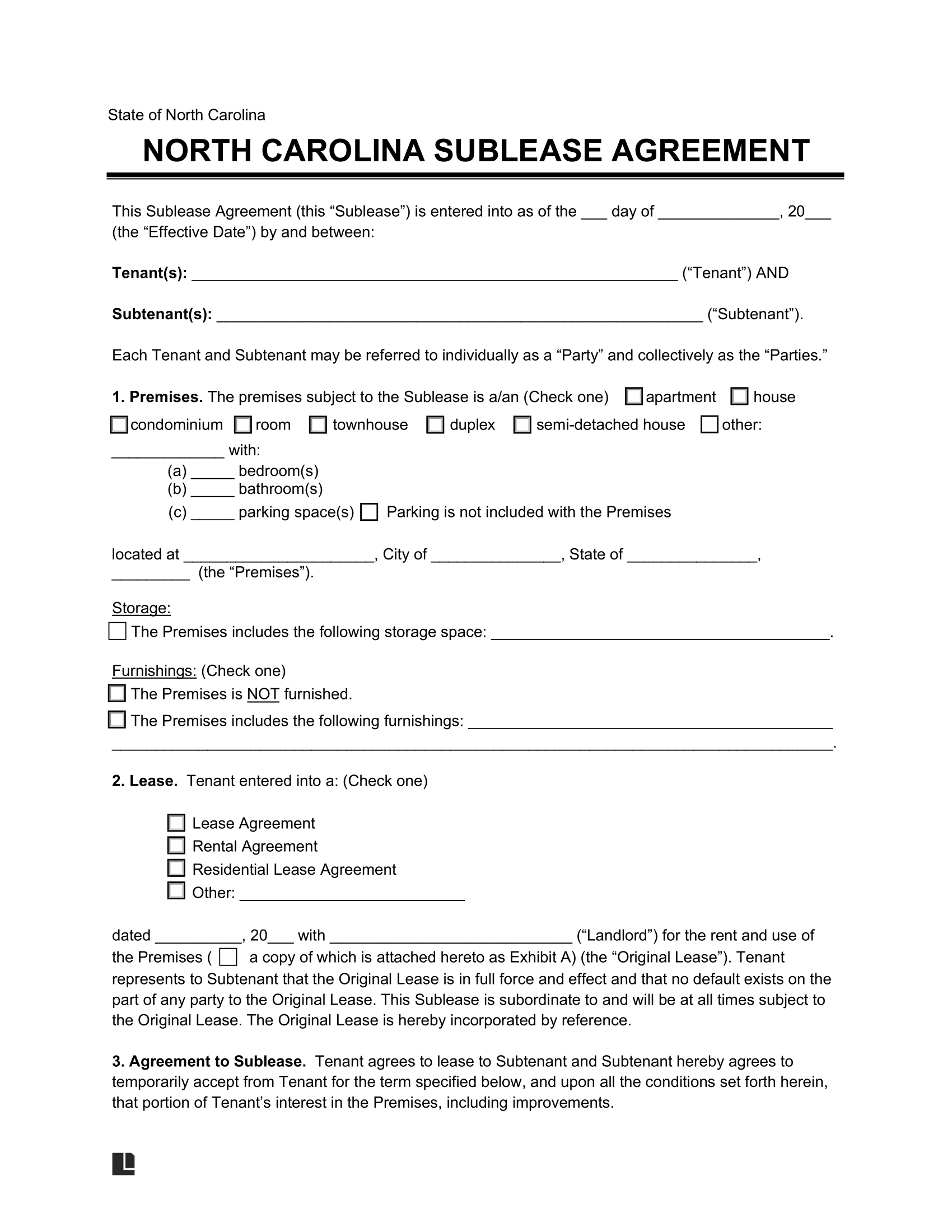 North Carolina Sublease Agreement Template