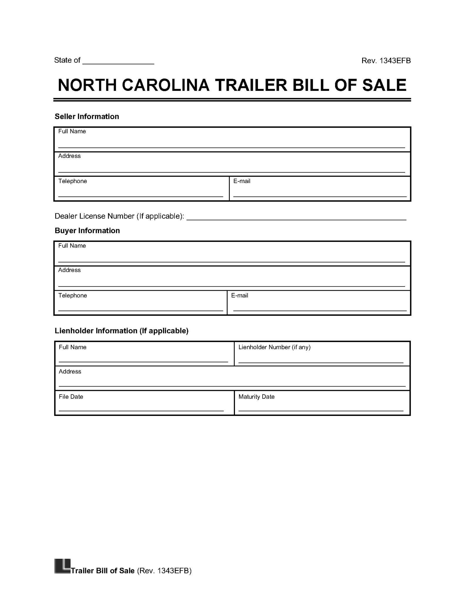 Free North Carolina Trailer Bill Of Sale Template Pdf Word Legal