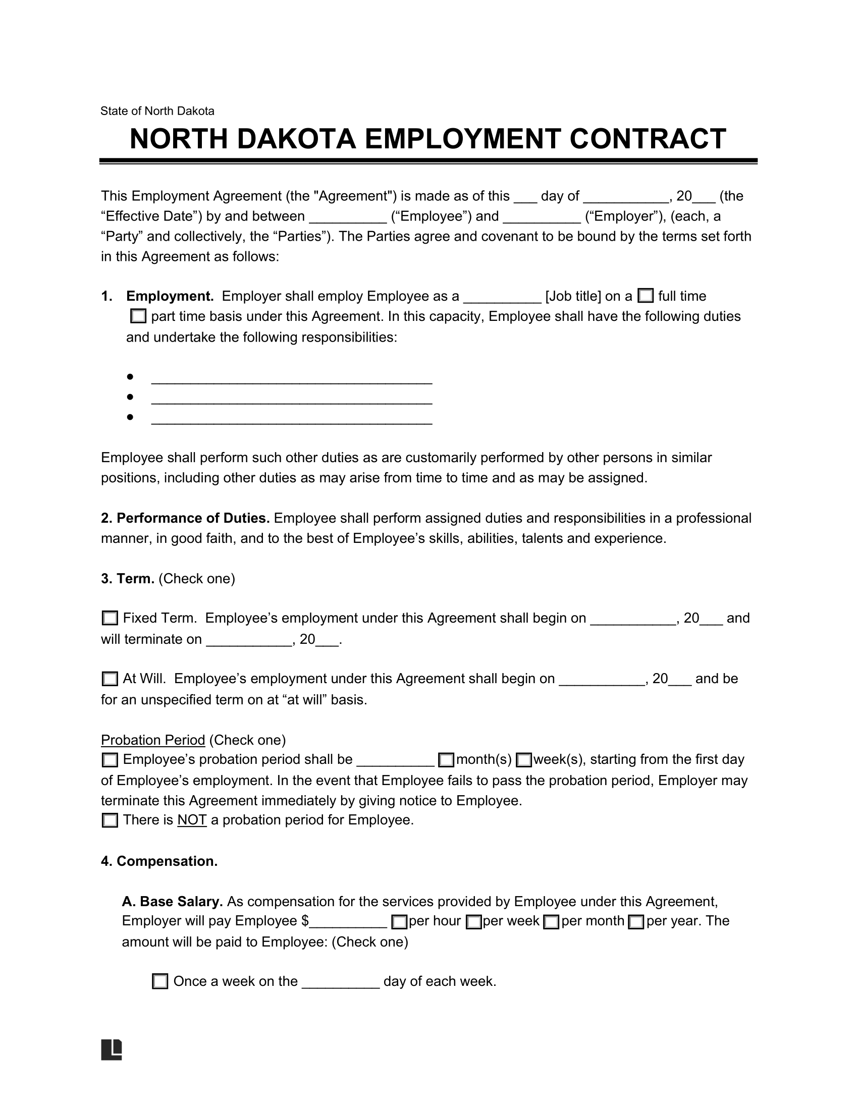 Free North Dakota Employment Contract Templates PDF & Word