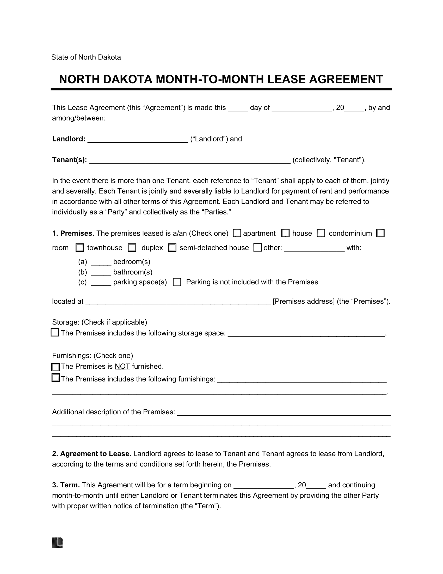 North Dakota Month-to-Month Rental Agreement