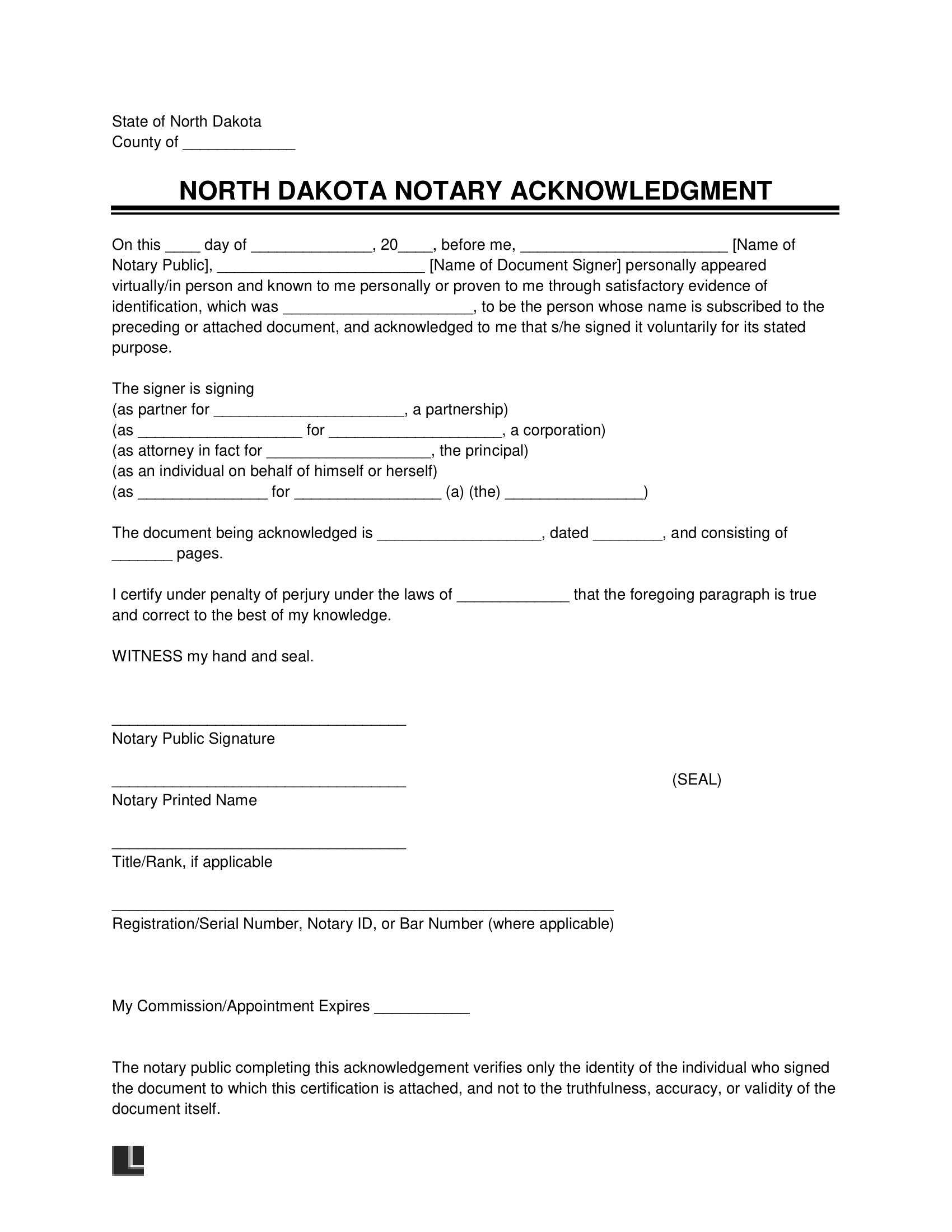 North Dakota Notary Acknowledgment Form