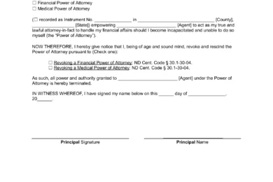 North Dakota Revocation of Power of Attorney Form