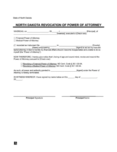 North Dakota Revocation of Power of Attorney Form
