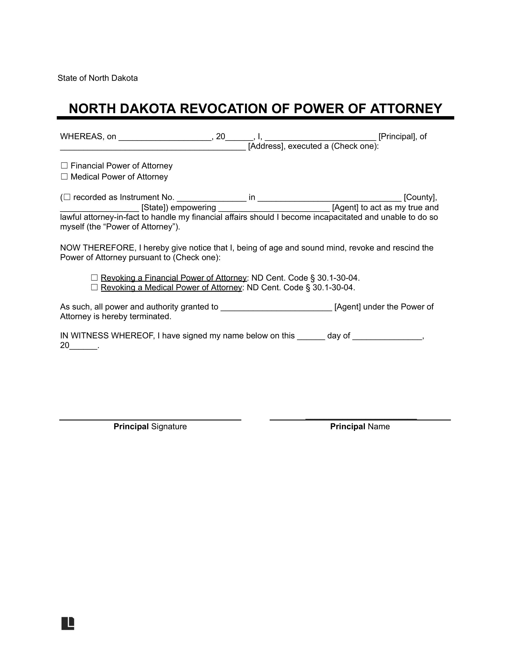 North Dakota Revocation of Power of Attorney Form