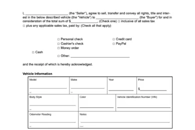North Dakota vehicle bill of sale