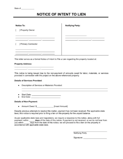 Notice of Intent to Lien template