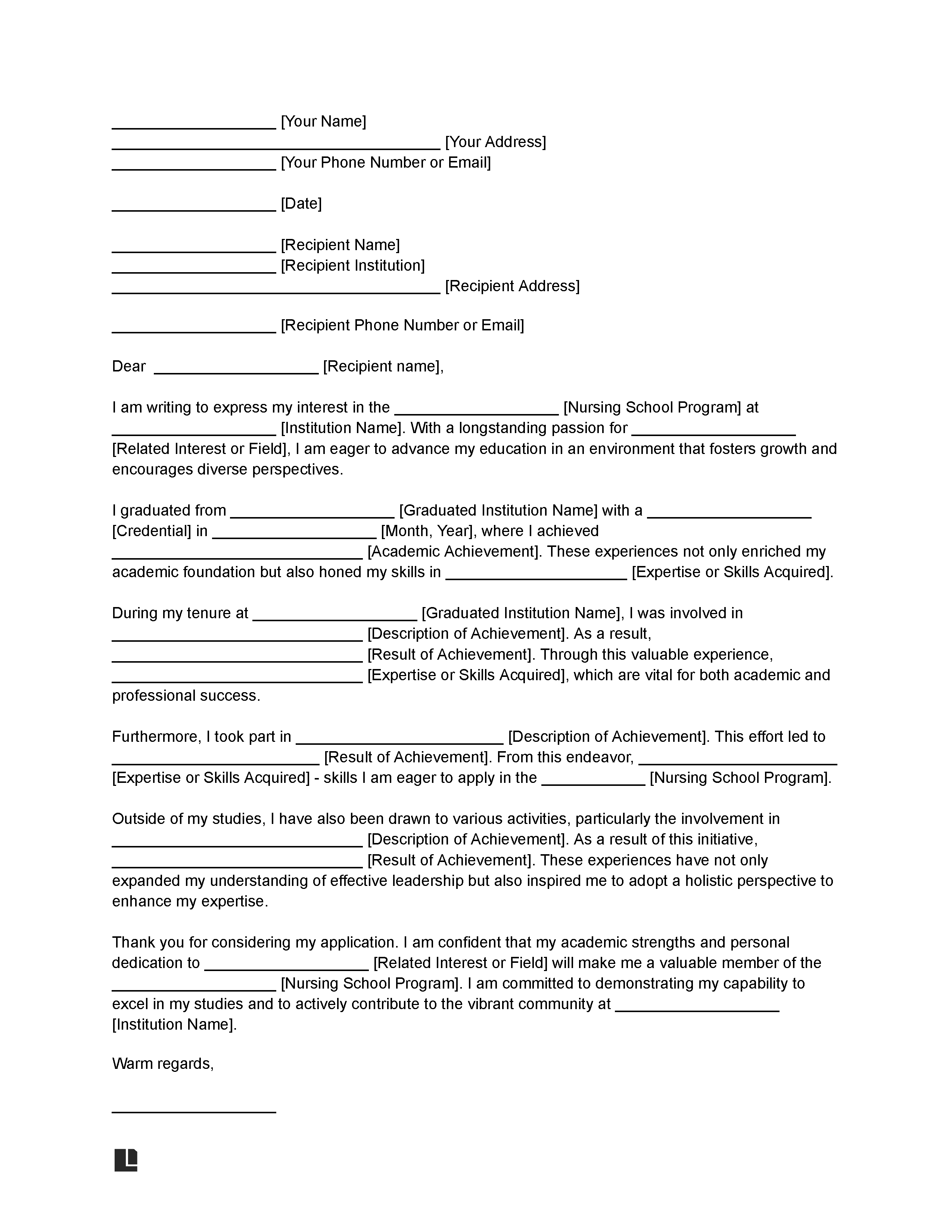 Nursing School Letter of Intent Template