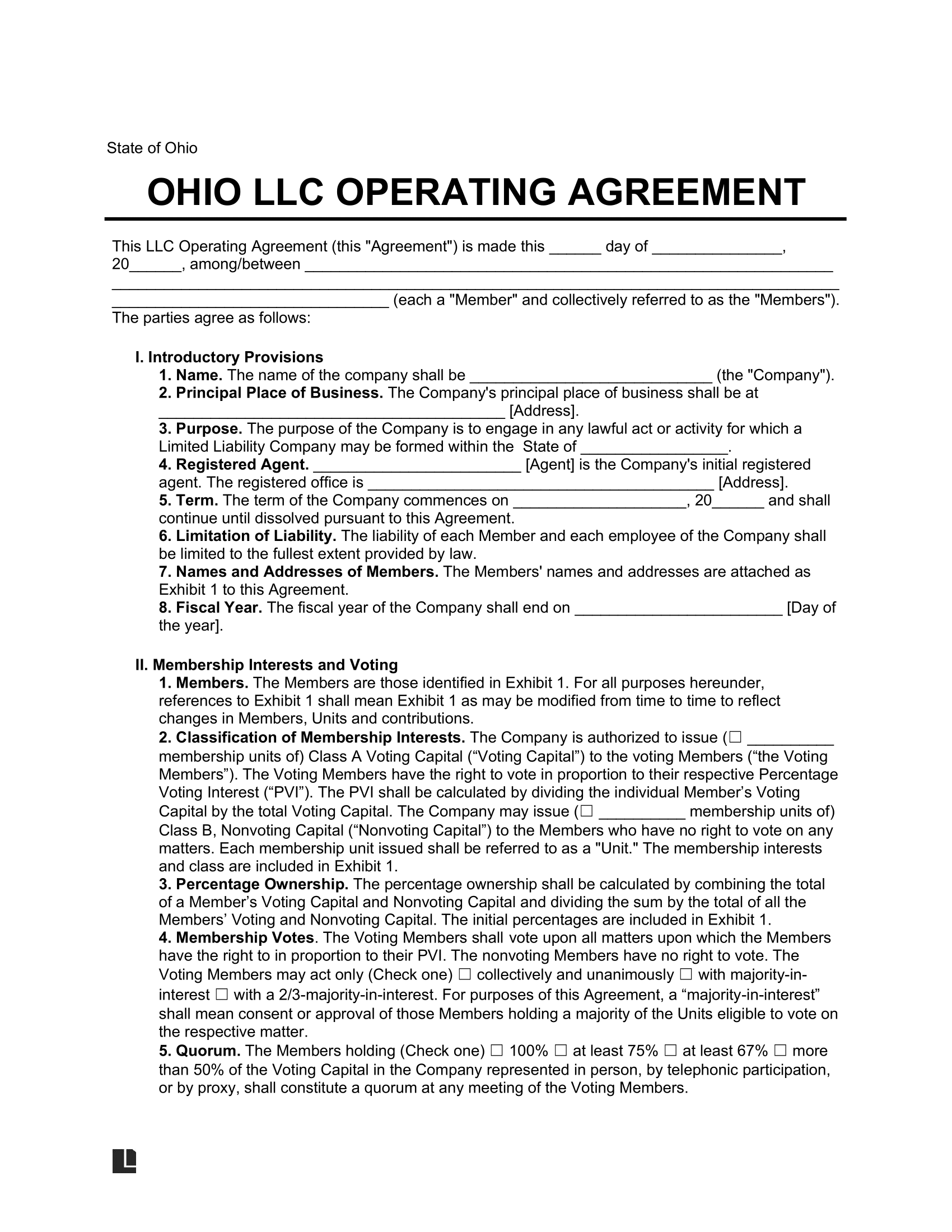 Ohio LLC Operating Agreement Template