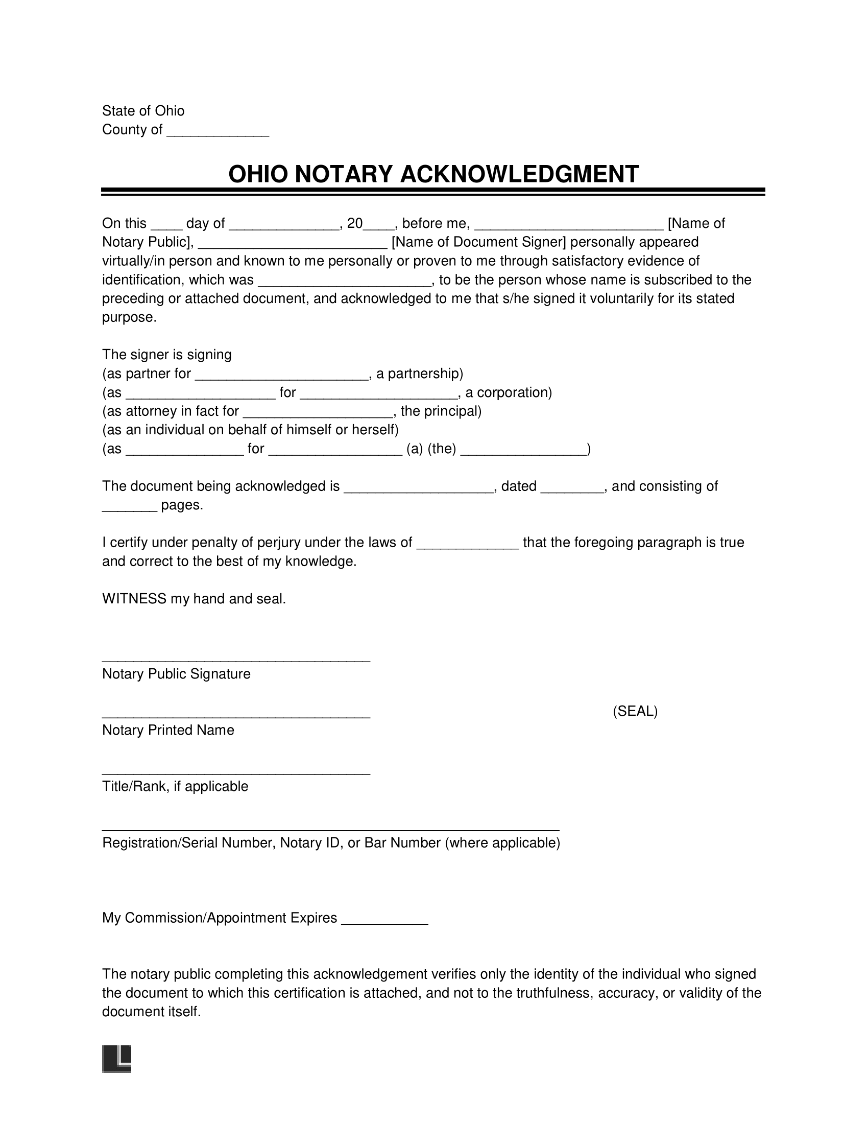 Ohio Notary Acknowledgment Form