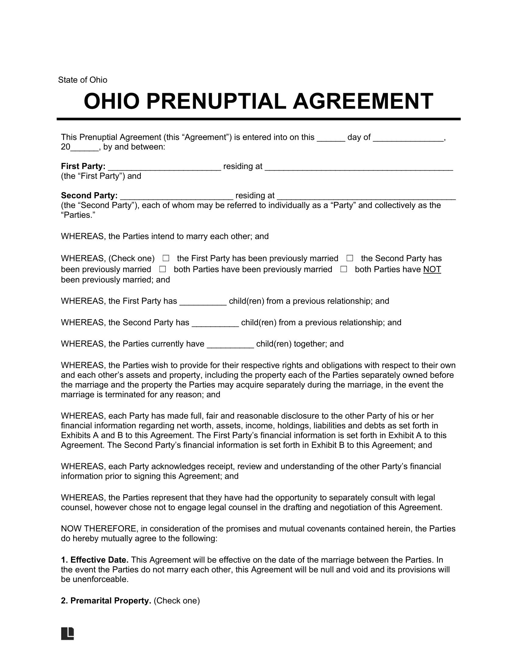 Ohio Prenuptial Agreement Template