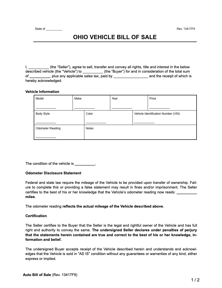 ohio motor vehicle bill of sale