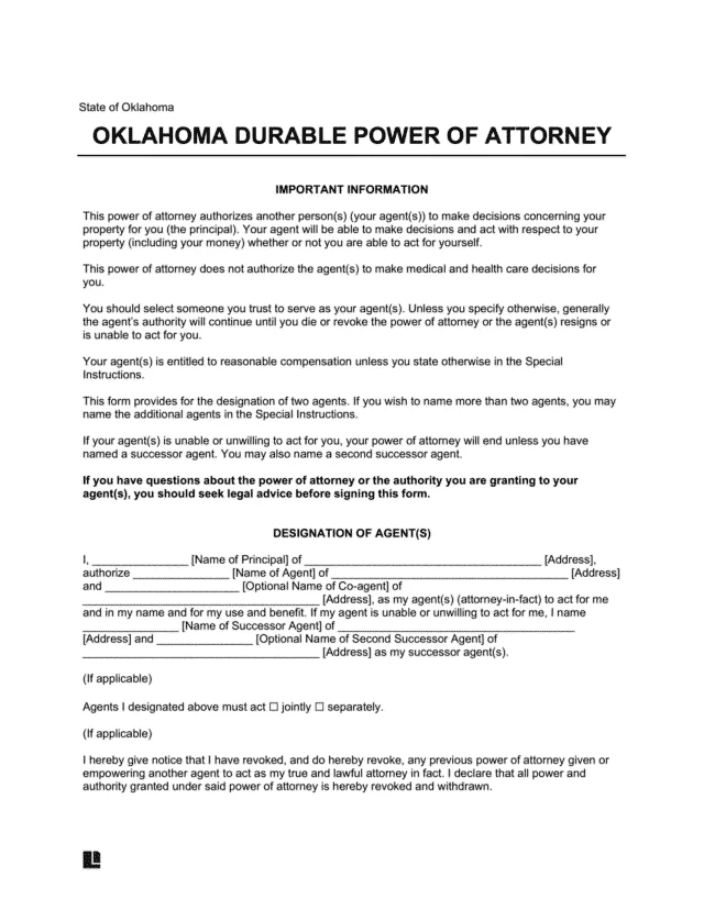 Oklahoma Durable Statutory Power of Attorney Form