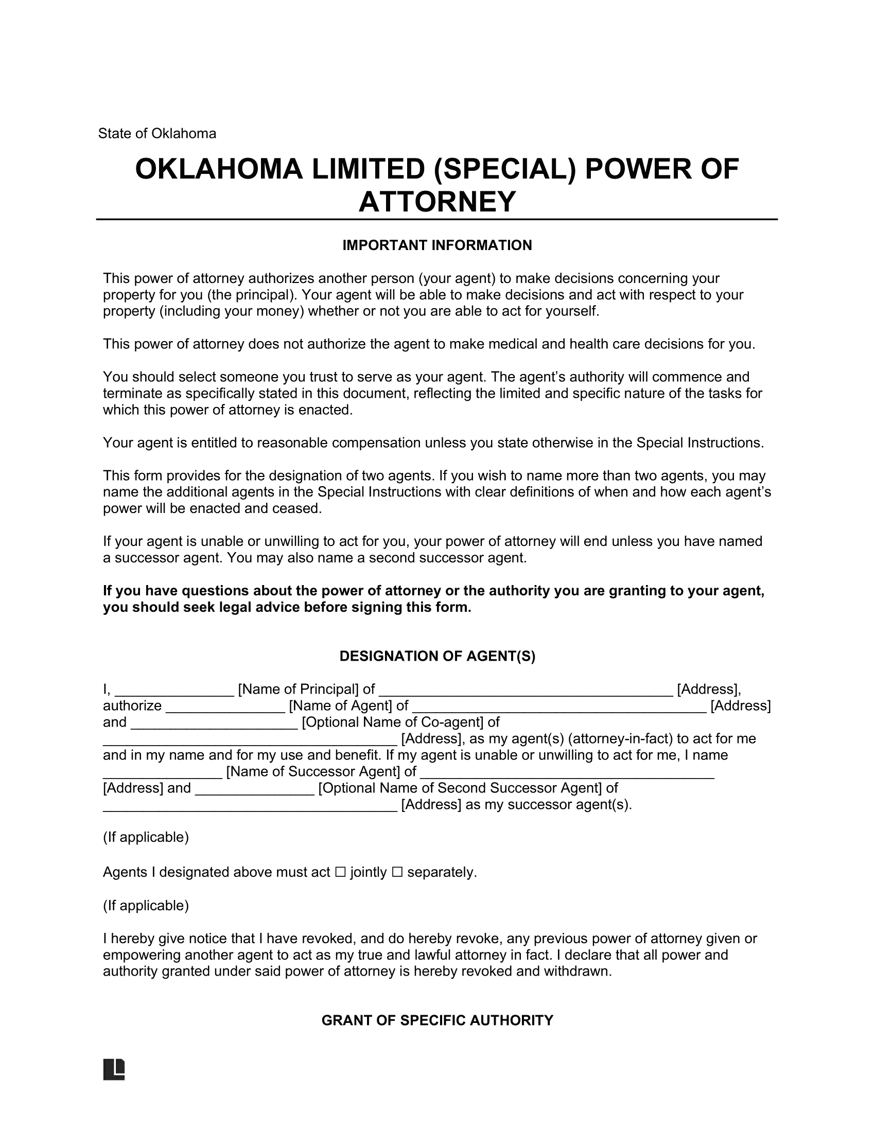 Oklahoma Limited Power of Attorney Template