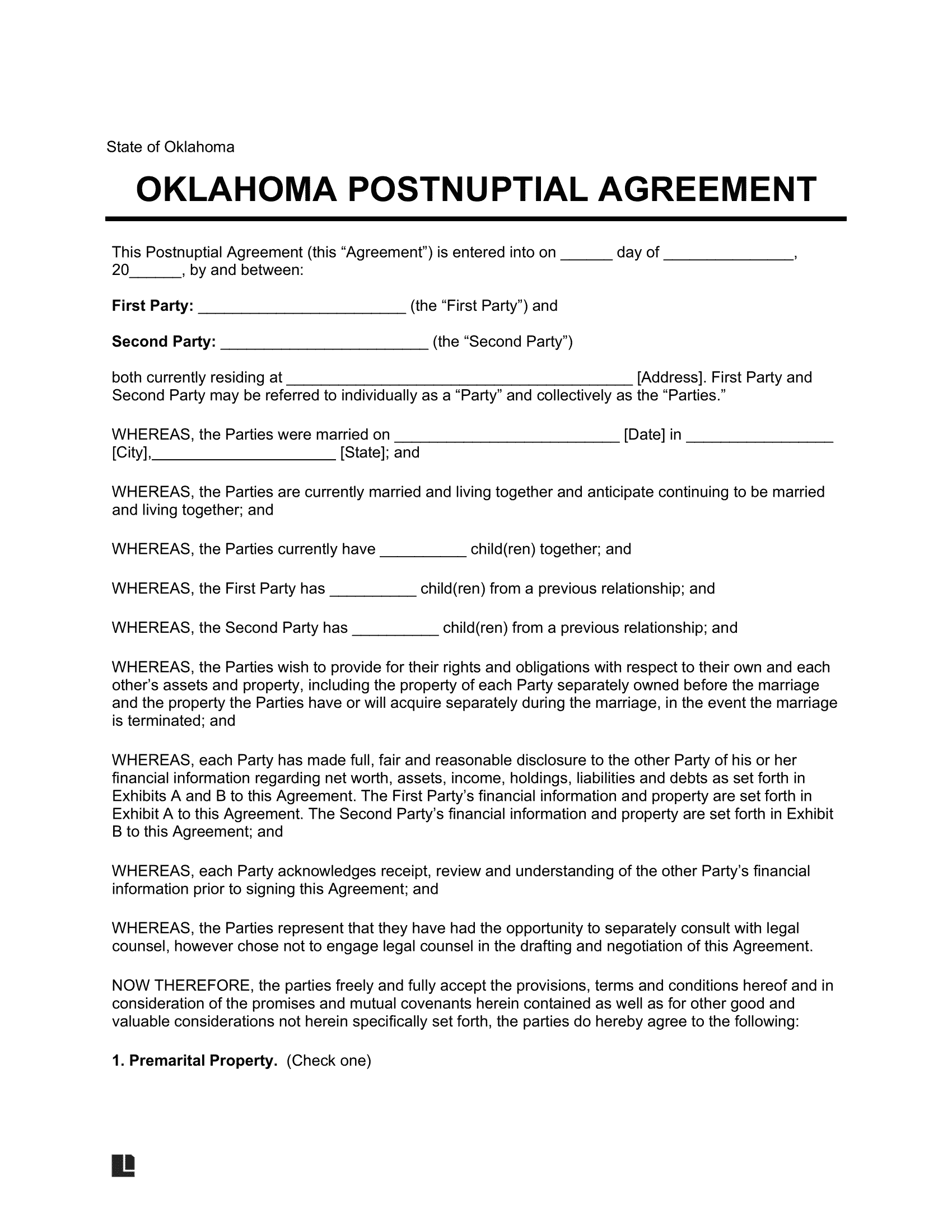 Oklahoma Postnuptial Agreement Template