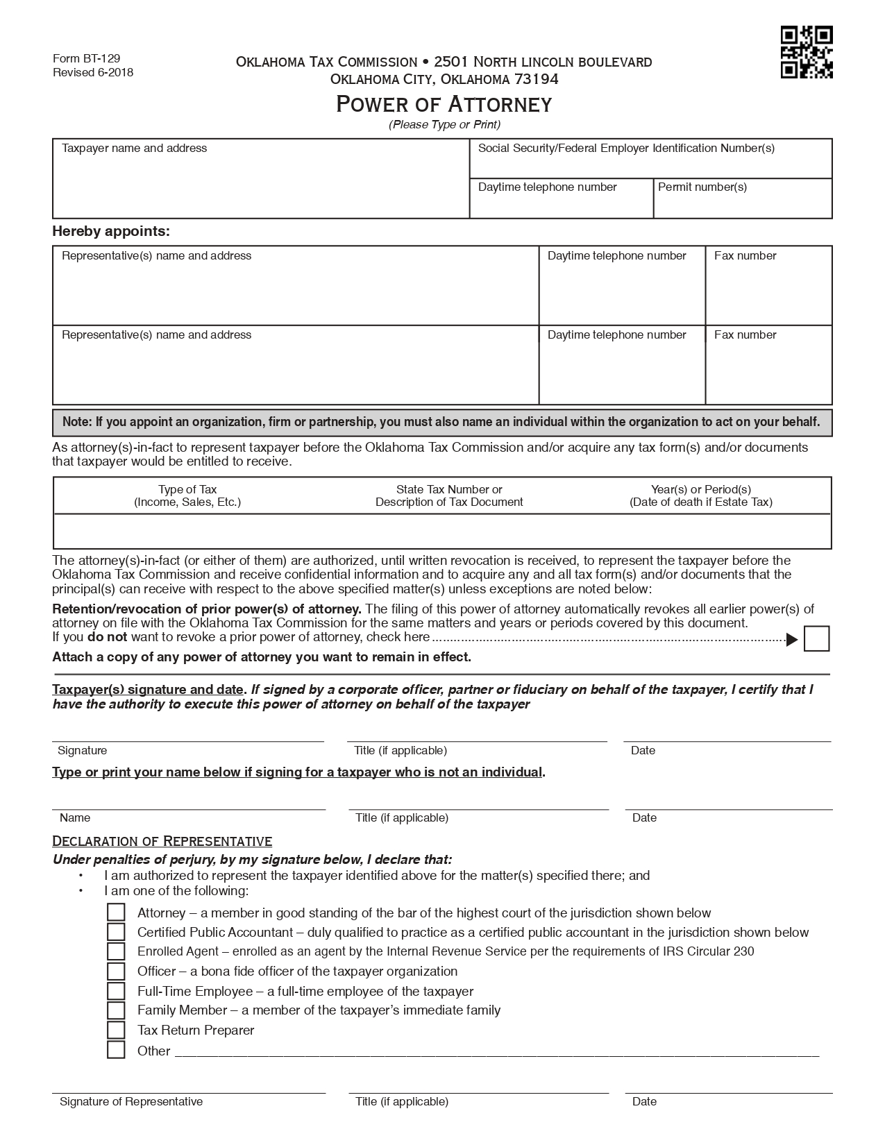 Oklahoma Tax Power of Attorney (Form BT-129)