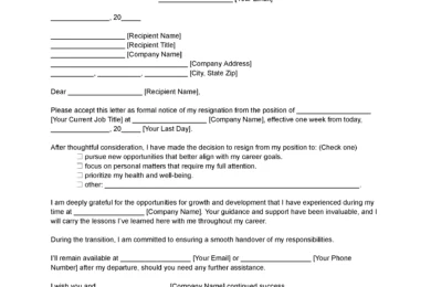 One Week's Notice Letter Template