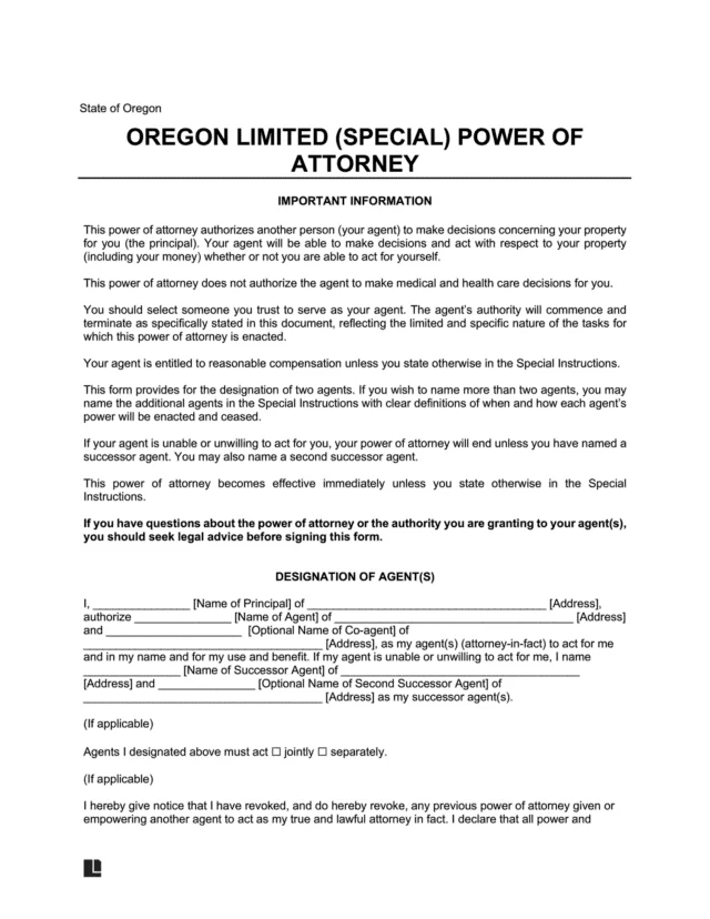 Oregon Limited Power of Attorney Template