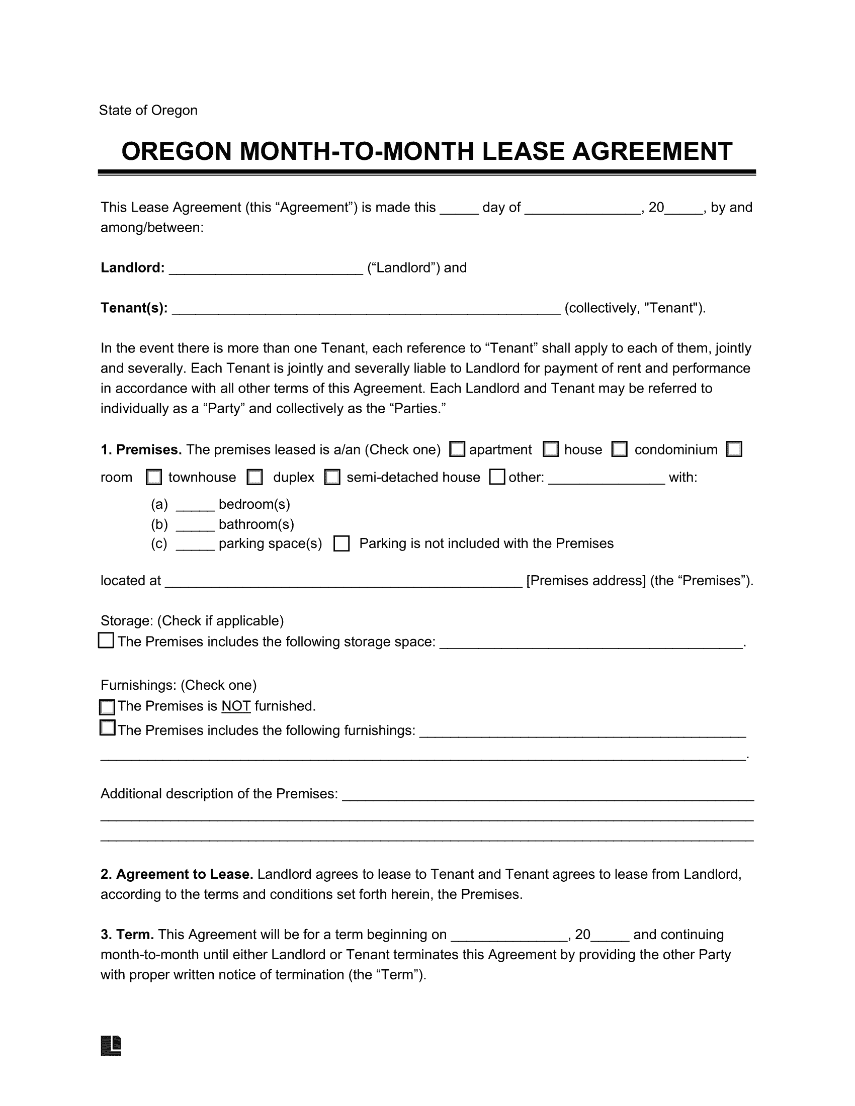 Oregon Month-to-Month Rental Agreement